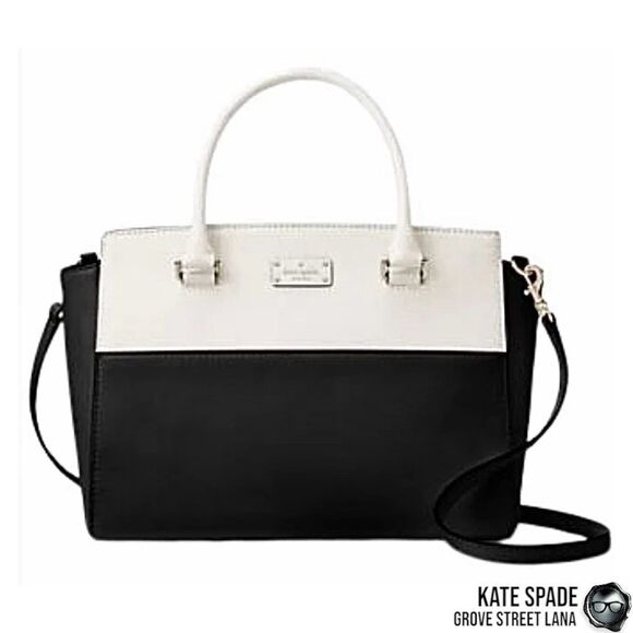 KATE SPADE GROVE STREET LANA LEATHER SATCHEL IN BLACK/CREAM WITH CROSSBODY STRAP - Picture 1 of 14